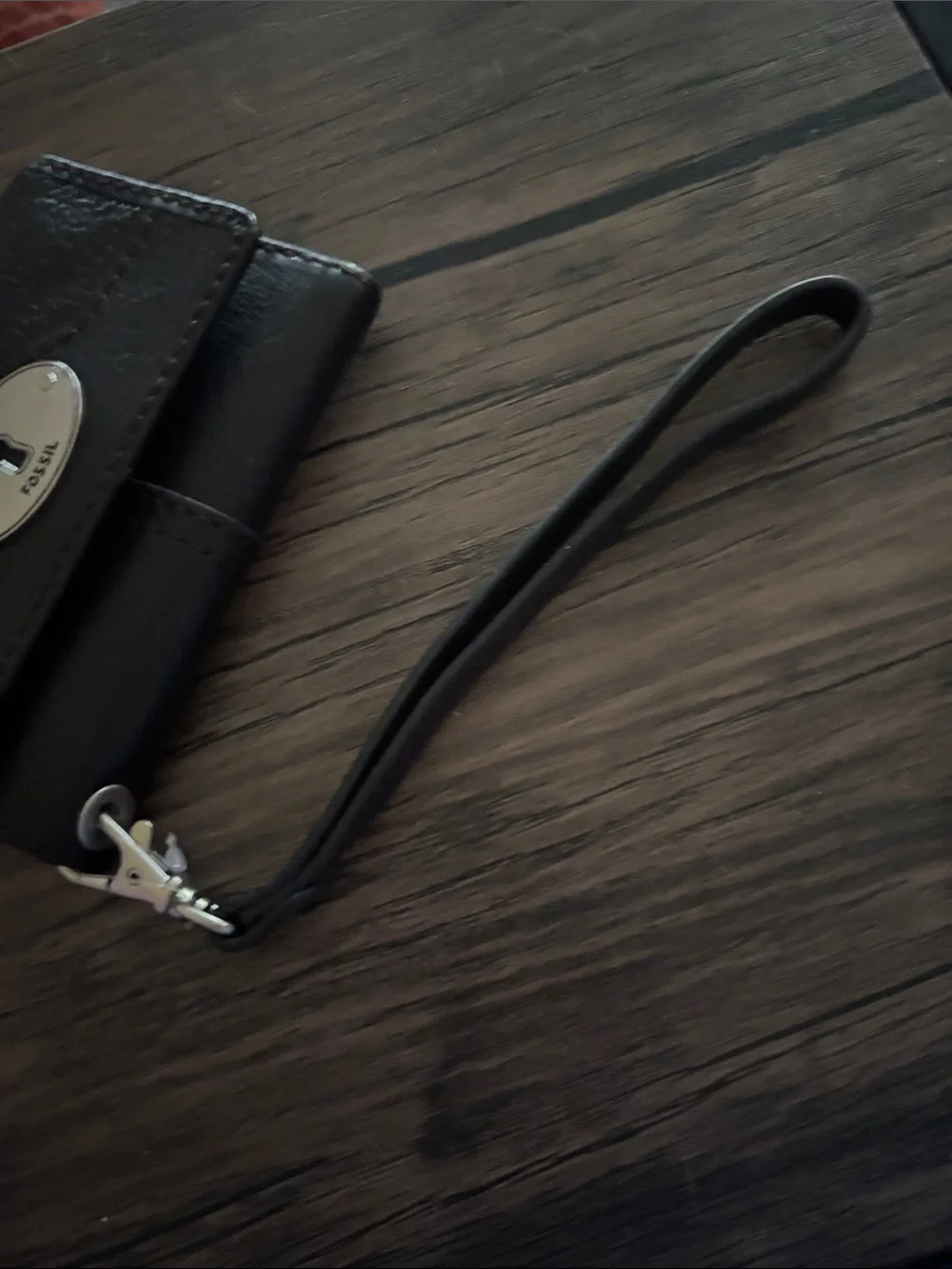 Fossil Black Leather Wristlet Wallet with Silver Hardware
